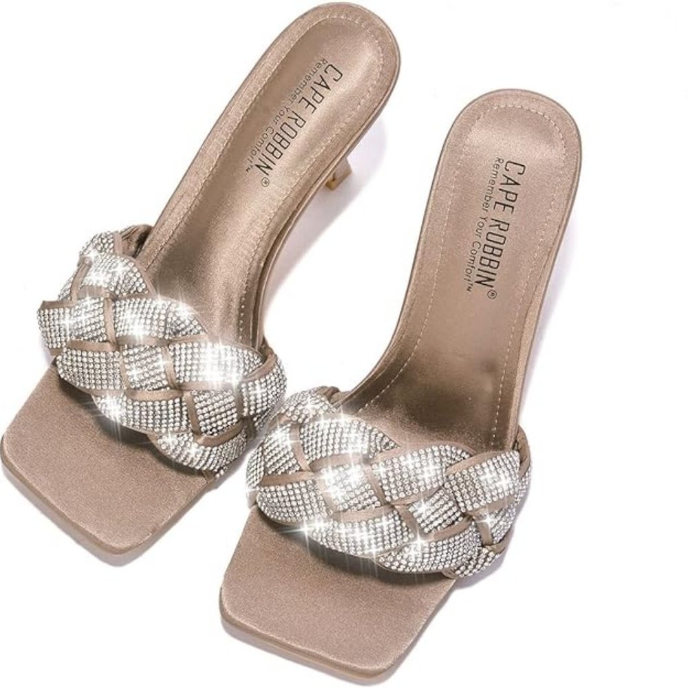 NWT CAPE ROBBIN REWIND SATIN NUDE RHINESTONE HEELS 5.5 - Picture 1 of 16